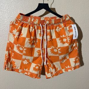 Urban Outfitters Orange and Cream Floral Men's Swim Shorts